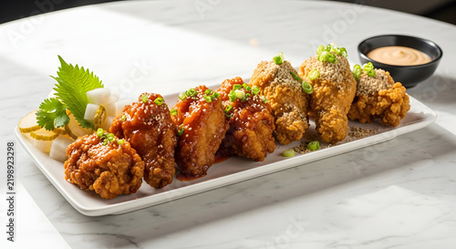 Crispy Fried Chicken Wings Platter: A delectable platter showcasing an assortment of golden-brown, crispy fried chicken wings, coated in savory sauces and garnished with fresh green onions.