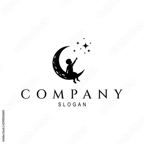 Child Sitting on Crescent Moon Reaching for Stars Logo Vector