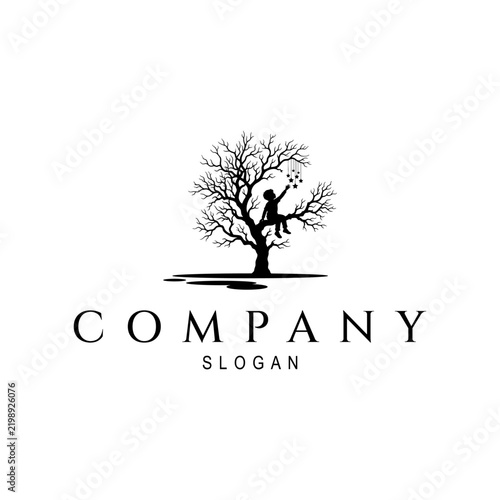 Boy Sitting on Tree Branch Reaching Stars Silhouette Logo