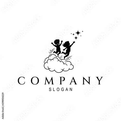Happy Kids Jumping on Cloud Reaching Stars Vector Logo
