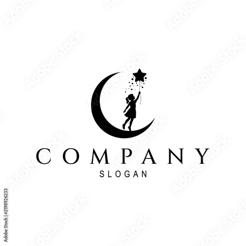 Girl Standing on Crescent Moon Holding Star Balloon Logo