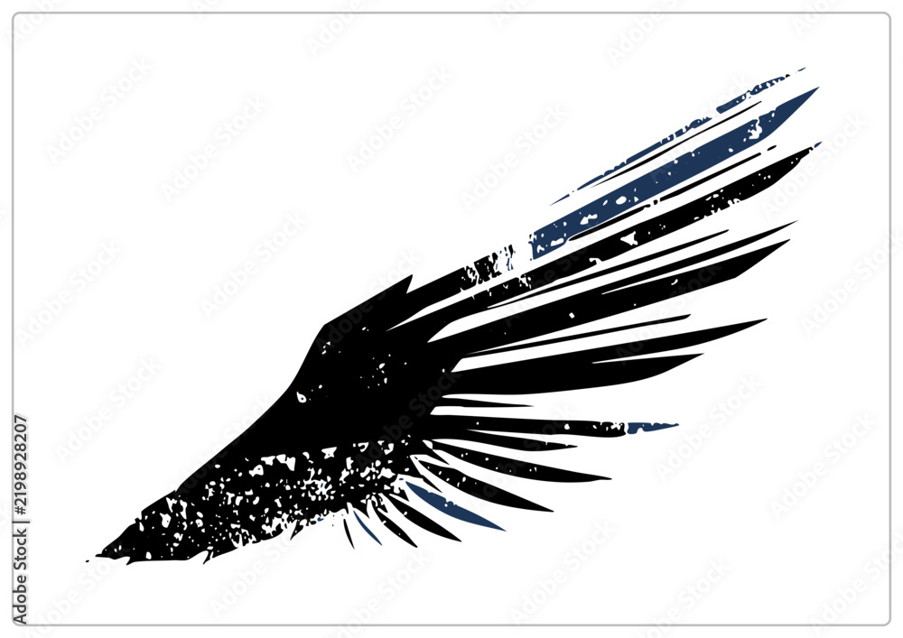 Fototapeta premium Weathered grunge wing design showing a raven pinion with rough feather barbs and speckled ink texture. This stylized plume silhouette suits bold tattoo flash and emblem artwork.