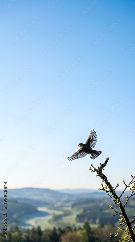 Fototapeta premium A bird takes flight from a tree branch against a clear blue sky and rolling hills landscape.