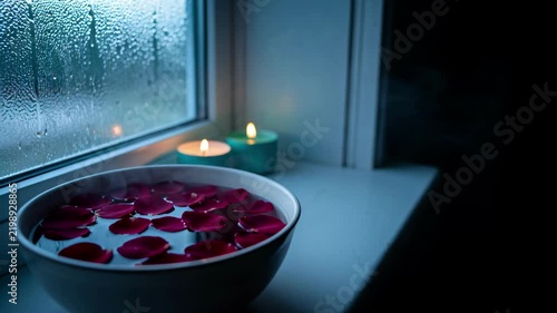 Serene Spa Bath Beside Rainy Window.
