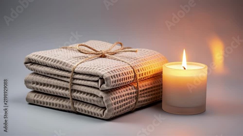 Spa Towels With Candle On Neutral Background.