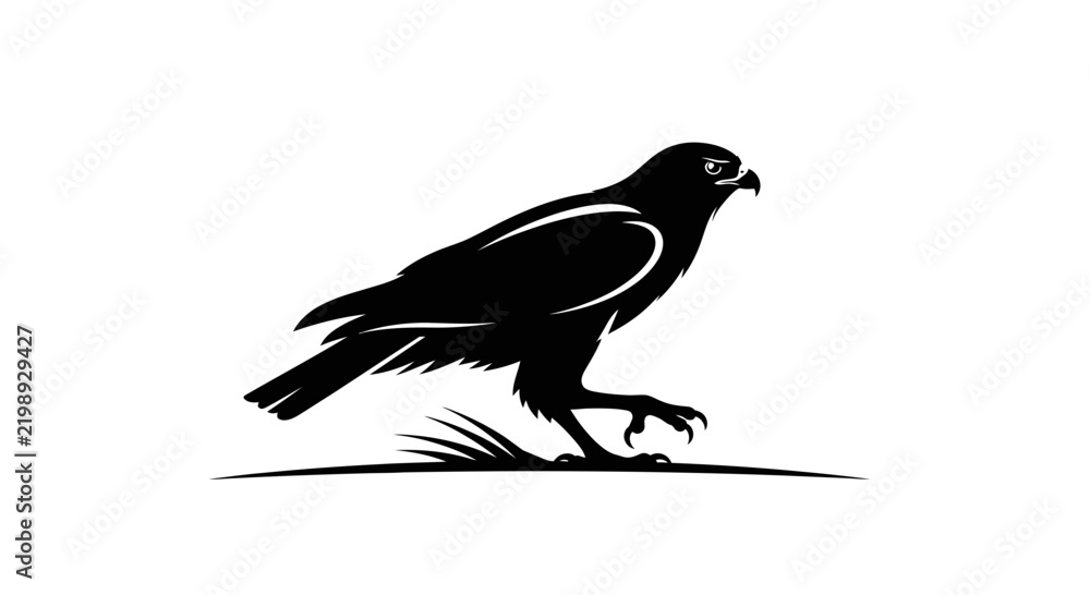 Fototapeta premium Black silhouette of a hawk perched on grass, isolated on transparent background