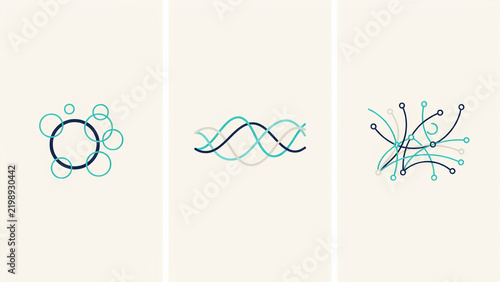 Three abstract icons with overlapping circles, wavy intertwining lines, and complex network connections