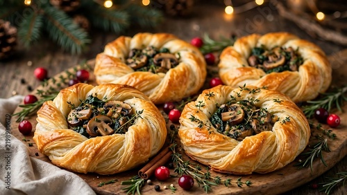 Savory mushroom and spinach pastries on a festive holiday board