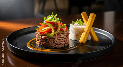 Gourmet Meal Presentation: A finely crafted dish featuring shredded meat topped with vibrant bell peppers and fresh greens, served alongside fluffy white rice and golden fries on a dark.