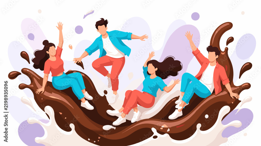 Obraz premium National Chocolate Milkshake Day celebration featuring happy young friends jumping and dancing together in a sweet cocoa splash.