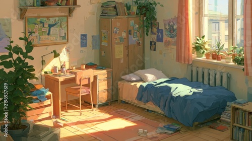A cozy, sunlit bedroom with a bed, desk, and plants, featuring a blue blanket and a lamp on a wooden table.