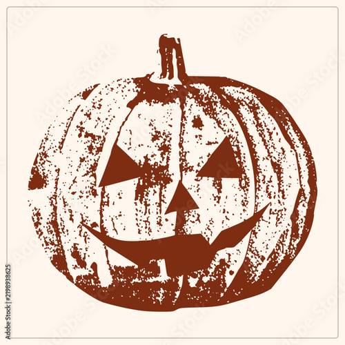 Distressed jack o lantern with triangle eyes and jagged smile in rusty brown stencil texture. This carved pumpkin head brings vintage spooky folk charm to Halloween designs.