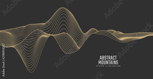 Contour mountain landscape. Waved line art. Abstract minimal topographic map. Contour lines with elevations and terrain depth. Vector illustration.
