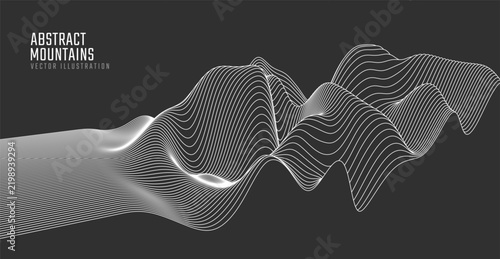 Contour mountain landscape. Waved line art. Abstract minimal topographic map. Contour lines with elevations and terrain depth. Vector illustration.