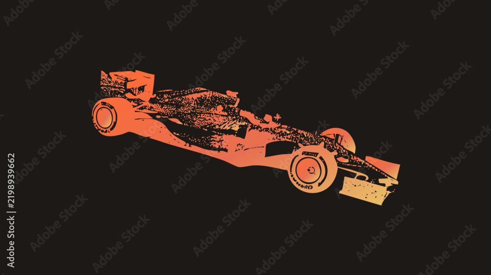 Obraz premium Single seater open wheel in distressed halftone texture with speckled grunge the monoposto bodywork. Bold orange to amber gradient gives this speed machine hot, high velocity racing energ
