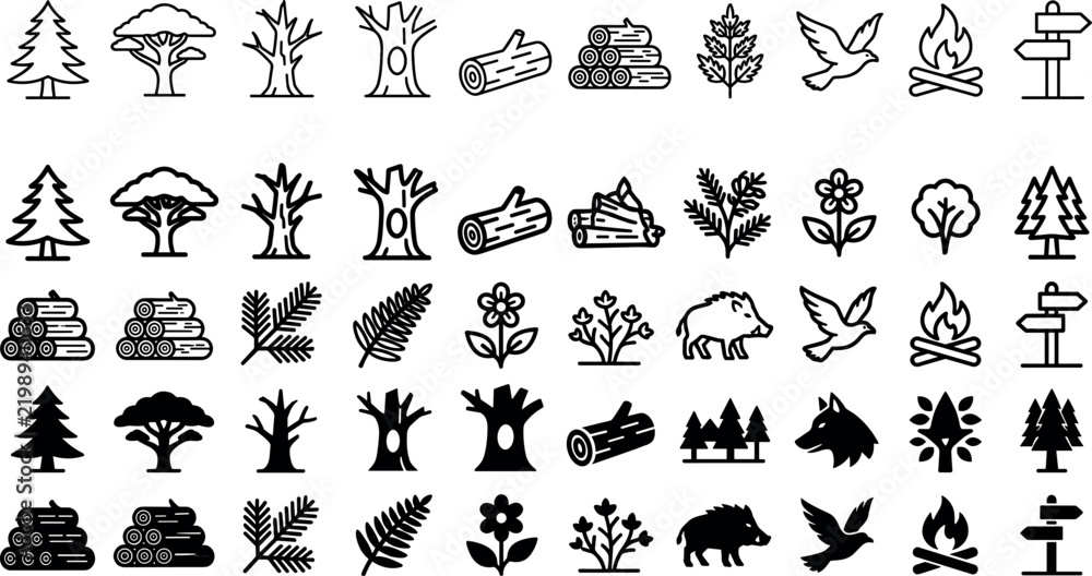 Fototapeta premium Set of black and white outline vector icons related to forest, nature, camping, animals and plants