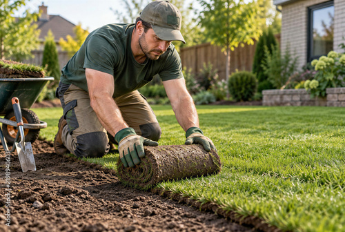 Professional Landscaper Unrolling Green Grass Sod Turf in Residential Backyard