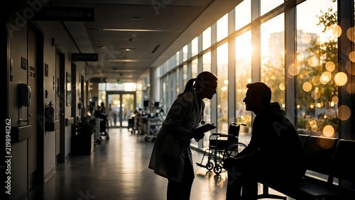 Doctor standing and speaking with a patient in a sunny hospital corridor