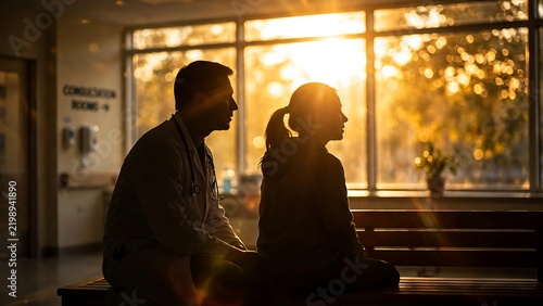 Doctor sitting and talking with elderly patient in hospital hallway