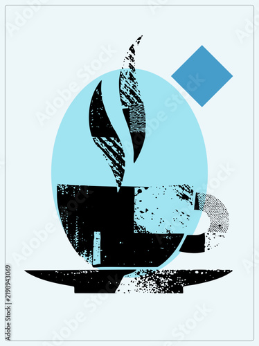 Картината върху платно "Grungy demitasse on a saucer with curling swirls behind, in halftone stencil style