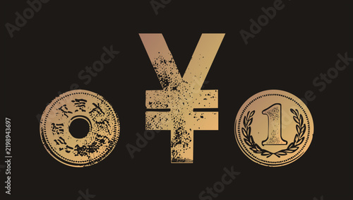 Obraz na płótnie Distressed yen symbol with antique Japanese mon and sen coins, old cash of Japan