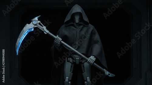Futuristic robot with hooded cloak holding glowing scythe in dark setting symbolizes ai job replacement concept with mysterious and powerful mood