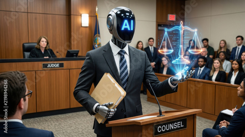 AI robot lawyer in courtroom presenting digital justice scale with legal documents showing ai job replacement concept