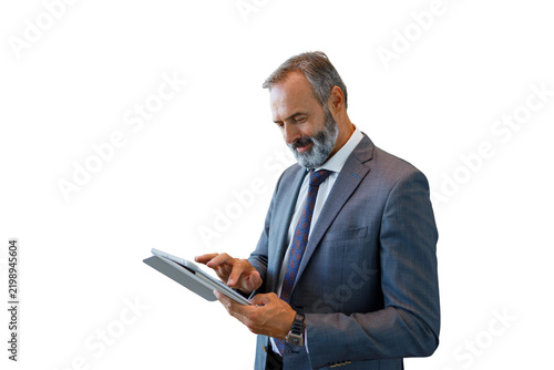 Businessman using digital tablet with transparent background