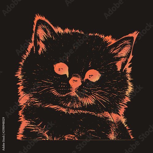 orange halftone stipple kitty stares with luminous eyes, fine whiskers, glowing ember fur against transparent space a classic mouser portrait.