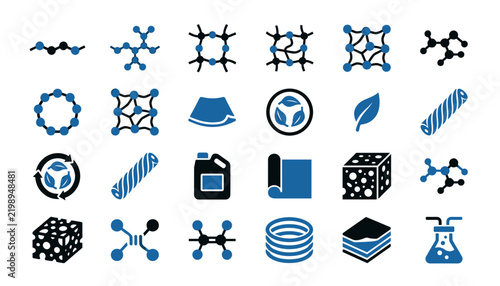 Фотография polymer chemistry monomer chain and material structure icon set vector illustration