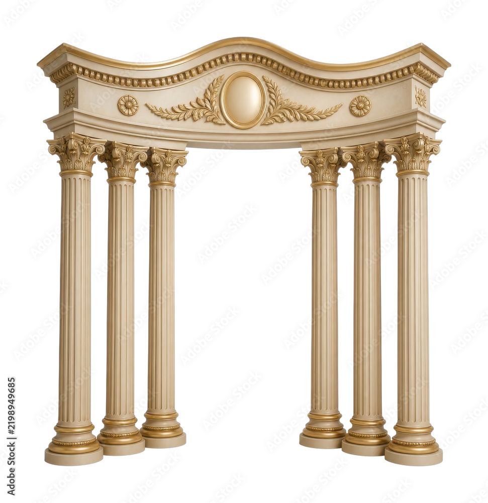Obraz premium Ornate classical gold arch with fluted columns, PNG transparent background