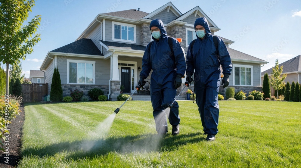 Obraz premium Two pest control workers in hazmat suits spray chemicals on suburban lawn in front of house. Wear masks, gloves, carrying backpacks, sprayers, to exterminate insects, ensure yard safety for residents.