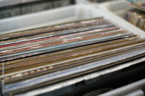 Vinyl records in the plastic box. Close up. 