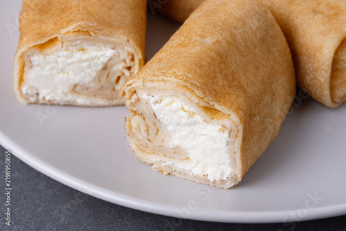 Close-up of pancakes with cottage cheese filling
