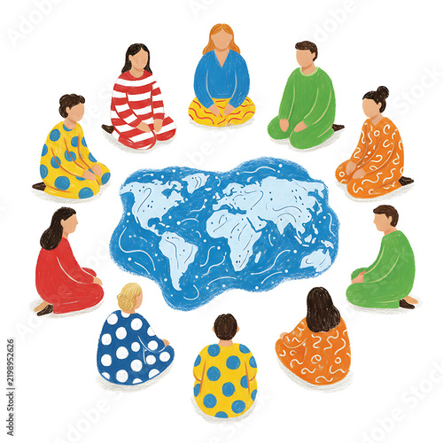 A Diverse Group of People Sitting in a Circle Around a Blue World Map Illustration Representing Global Unity and International Cooperation