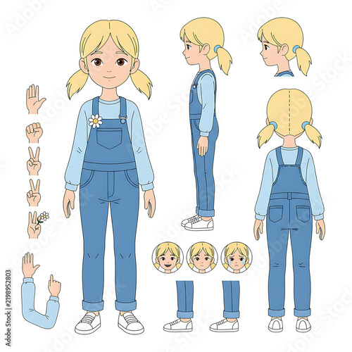 Character Design Sheet of a Young Blonde Girl in Blue Overalls Featuring Front Side and Back Views for Animation Reference