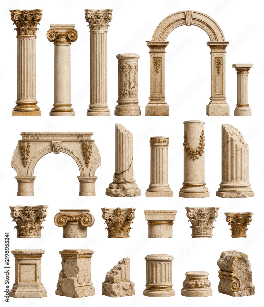 Fototapeta premium PNG of classical stone columns, arches, pedestals, ornamental ruins on transparent background