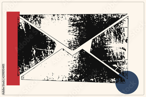 фотографія Distressed mail envelope, the snail mail symbol, in rough grunge linocut texture with red stripe and navy circle