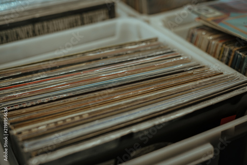 Vinyl records in the plastic box. Close up. 