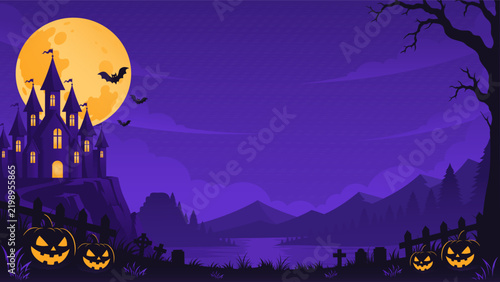 Halloween vector background with haunted castle, full moon, bats, mountains, lake and cemetery, spooky purple night landscape, pumpkins, gothic scenery, graveyard illustration with copy space