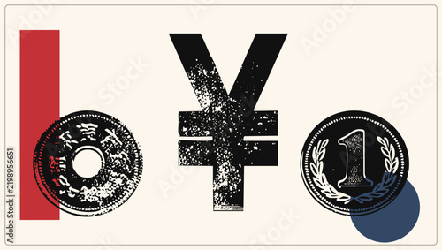 Obraz na plátně Grunge stamped yen sign (the en) flanked by an old mon coin with kanji and a one yen wheat wreath piece