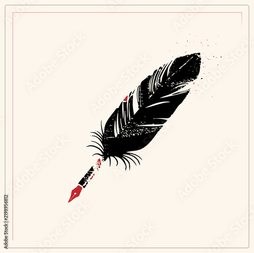 Fotografie "A distressed black feather quill, the classic scribes dip pen, dissolves into speckled ink dust at its tip