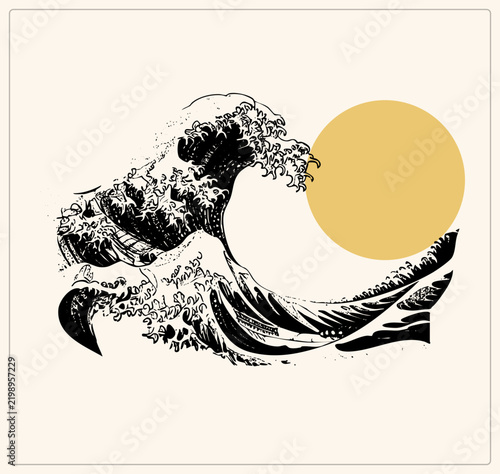 Hand drawn Hokusai style big wave curling with foam claws beside a gold sun disc. Nami surf illustration blending ukiyo e woodblock art with minimalist modern Japan aesthetic.