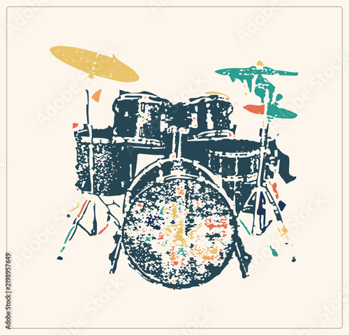Retro drum kit in distressed stencil style speckled bass drum, toms, cymbals. Muted teal skins with mustard and accents for a vintage music poster feel.