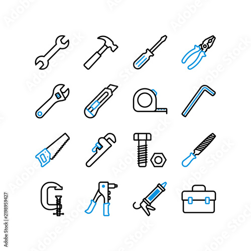 Set of construction and repair hand tool icons in a minimalist line art vector style