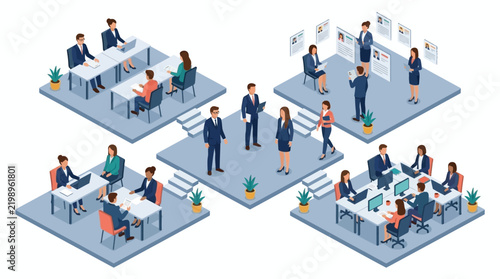 Isometric office workspace with diverse professionals collaborating.