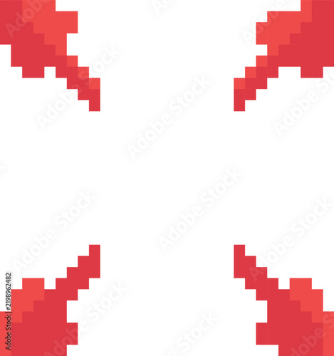 Pixel art style red arrows pointing inwards from the four corners towards the center against a white background.