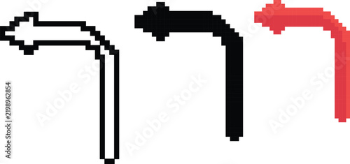 Set of pixel art curved corner left arrows in white outline black solid and red solid styles isolated on a white background for video game interface design and retro UI elements.
