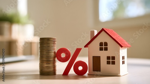 House Model with Stack of Coins and Red Percentage Symbol