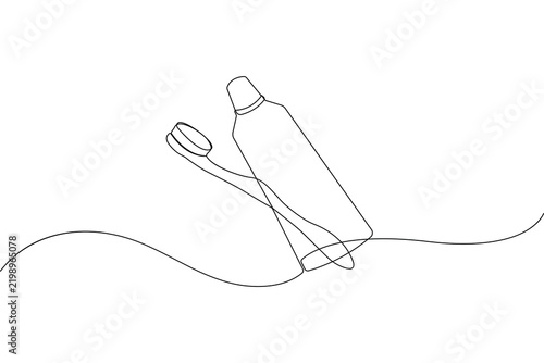 Toothbrush and toothpaste continuous one line drawing minimalist style isolate outline vector illustration